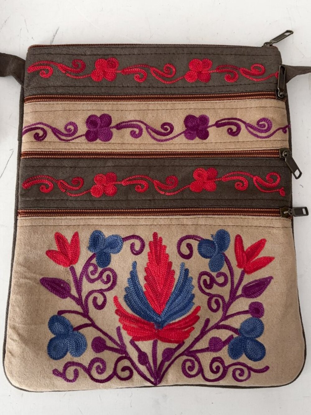 Kashmiri Aari Embroidered Multi Zipper Crossbody Bag FauxSuede Boho Artsy Travel
